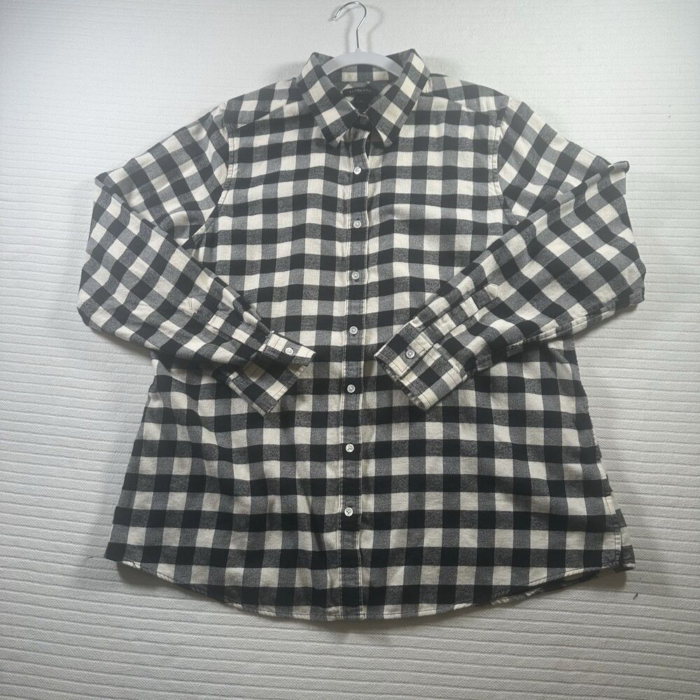 Lands’ End Women’s 1X Plaid Flannel Button Front Long Sleeve Shirt Black Cream